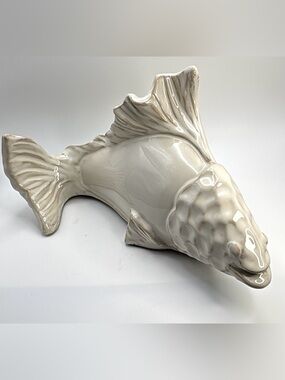 White Ceramic Glazed Fish Figurine Coastal Beach Nautical Home Decor Accent
